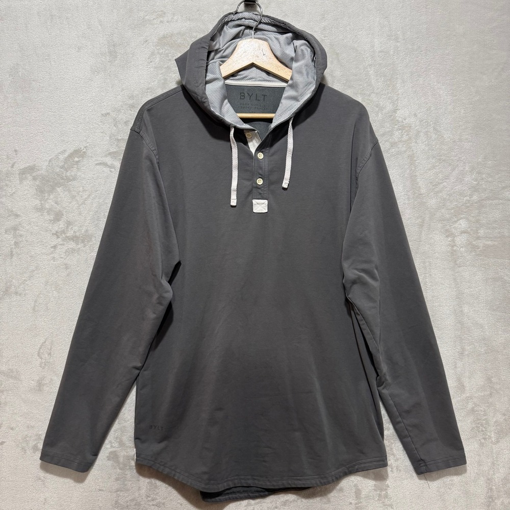 BYLT Basics Drop Cut Hooded Henley Mens Large Charcoal‎ Gray Long Sleeve Hoodie